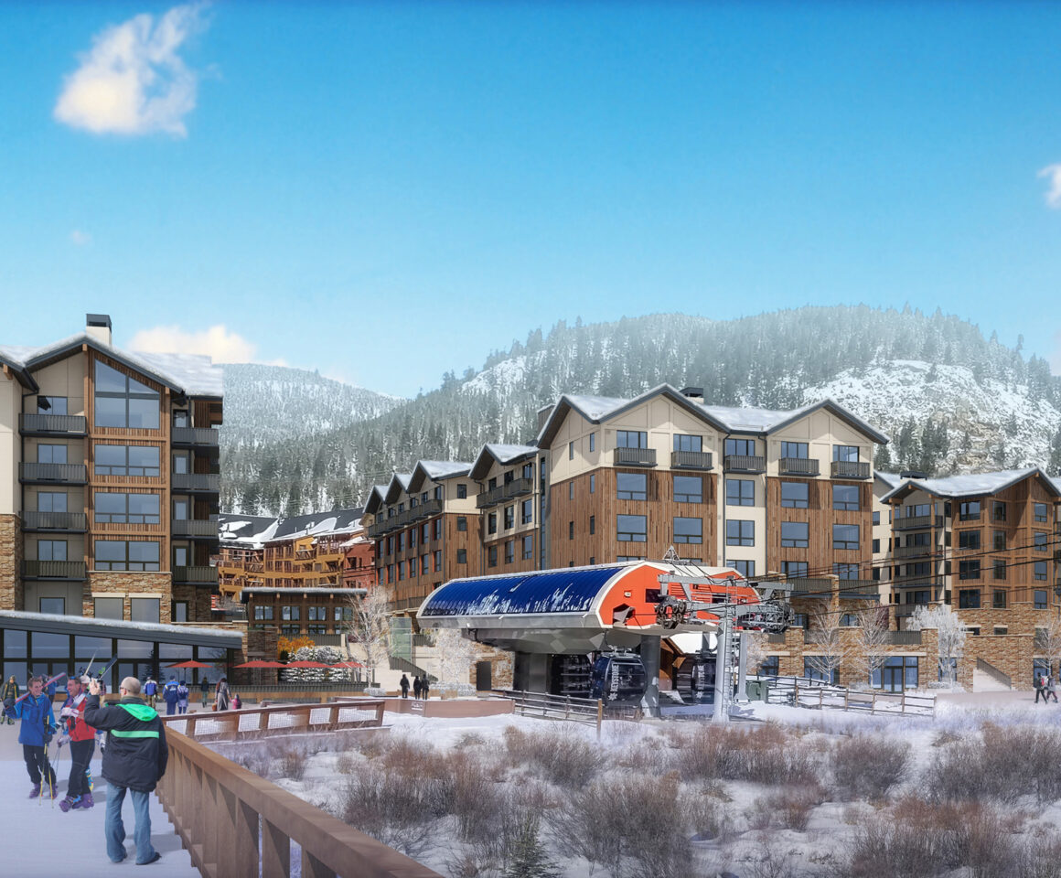 Ski resort village with gondola and snowy mountain backdrop