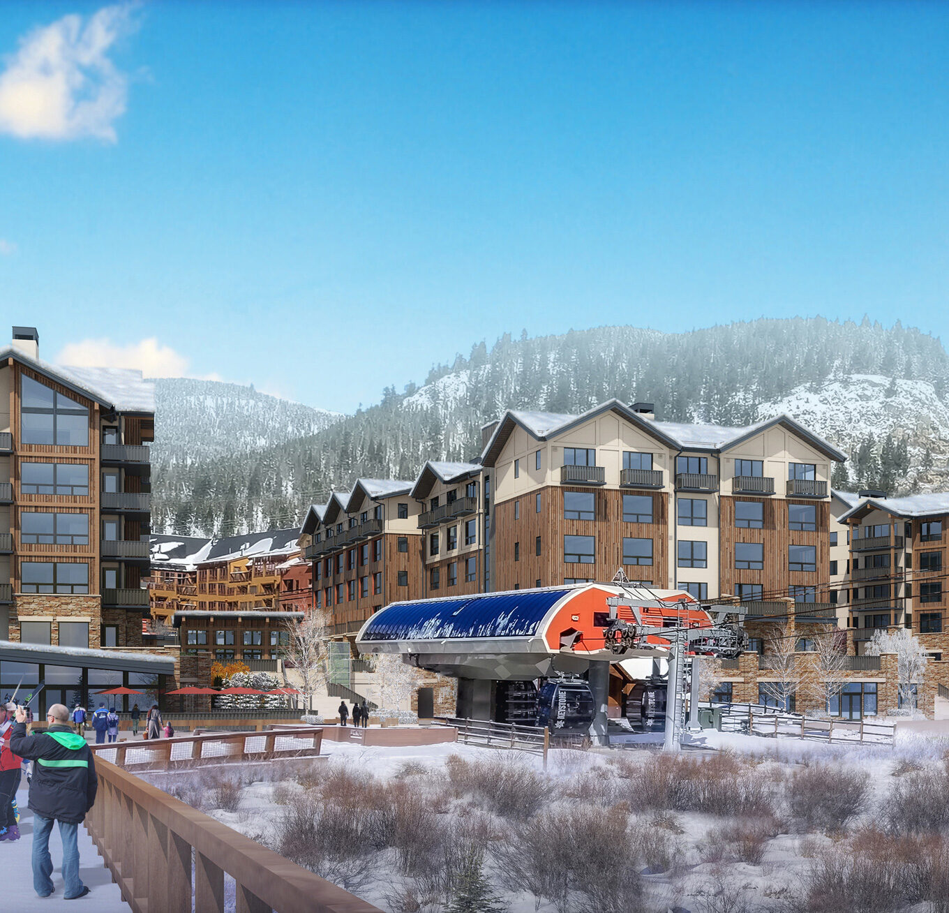 Ski resort village with gondola and snowy mountain backdrop