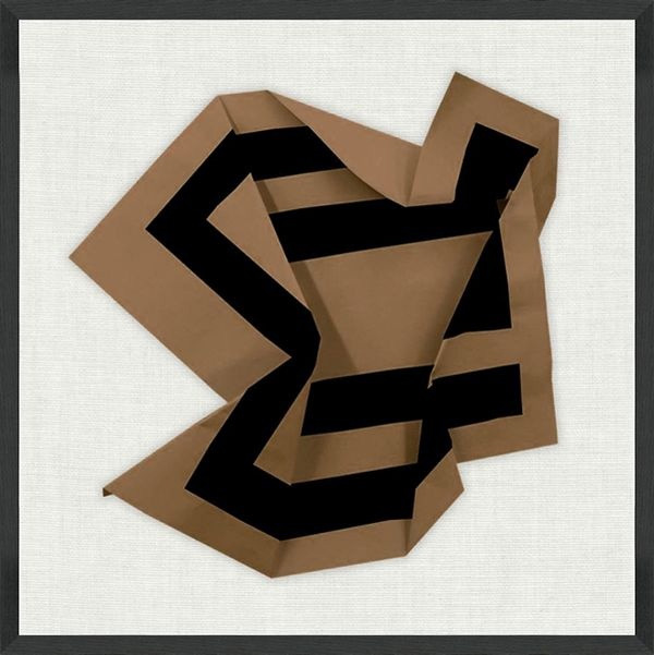 Abstract folded paper composition with black geometric shapes on brown background