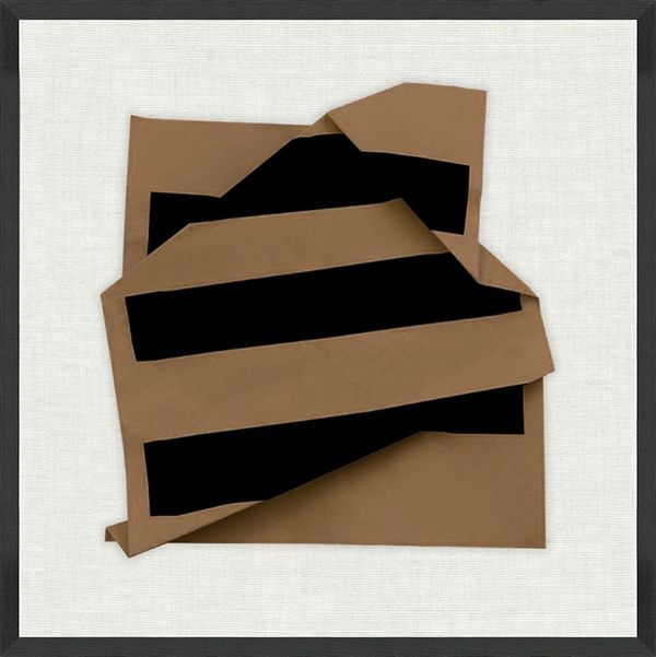 Layered abstract paper artwork with bold black stripes and folded edges