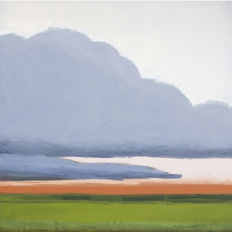Soft landscape painting with layered clouds and green field horizon