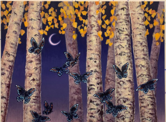 Dreamlike forest scene with butterflies among tall trees at dusk