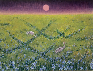 Meadow scene with cranes under a glowing sun and purple sky