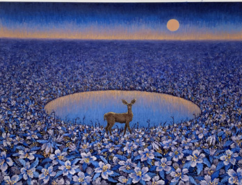 Surreal blue field of flowers with deer near reflective water