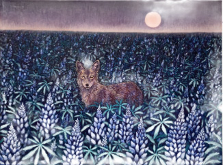 Fox standing in dense foliage under a glowing moon