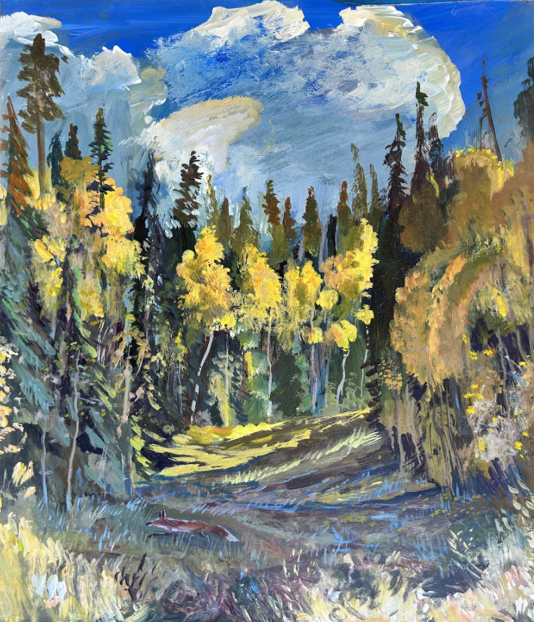 Bright forest landscape with yellow foliage and tall trees under blue sky