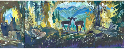 Two deer standing together in a glowing forest clearing