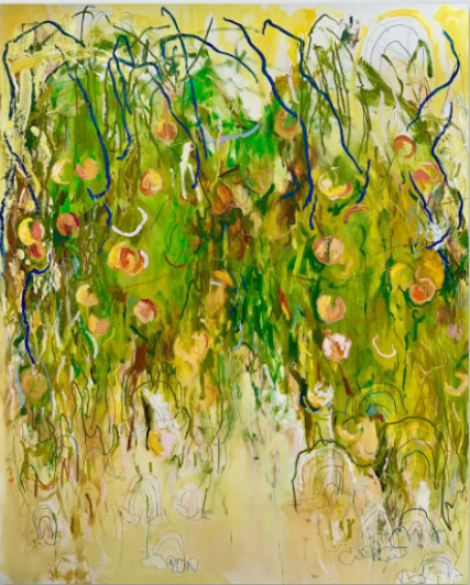 Abstract green and yellow painting with looping lines and scattered circular forms
