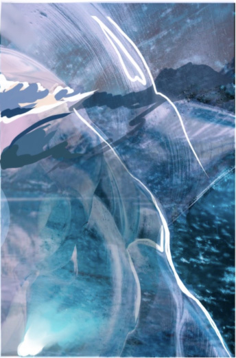 Abstract layered composition in cool tones suggesting water and mountains