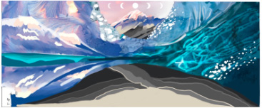 Panoramic abstract landscape with layered mountains and water reflections