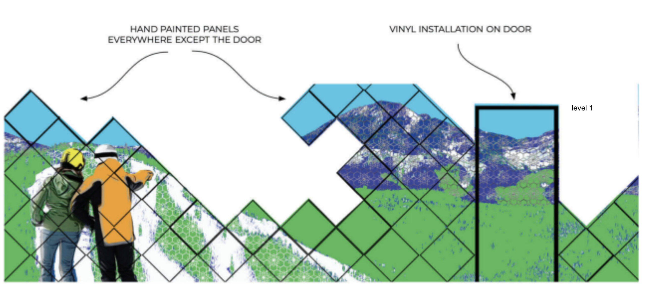 Mural installation mockup with geometric panels forming mountain landscape