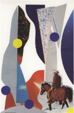 Abstract collage with curved shapes, bright circles, and horse figure