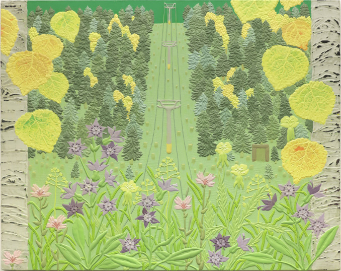 Textured forest scene with stylized trees, flowers, and central path