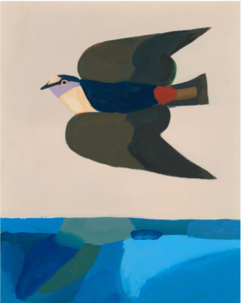 Stylized bird in flight above blue water with reflection