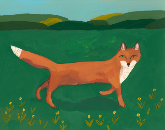 Simplified painting of a fox standing in green field