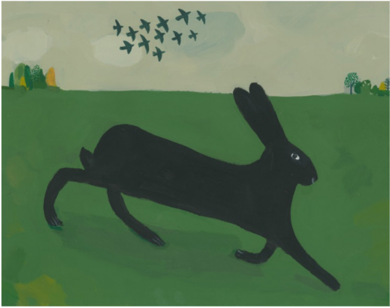Silhouette of a running rabbit with birds flying overhead