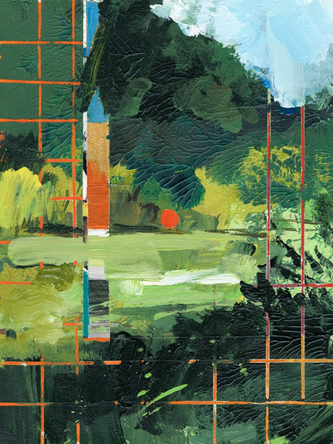 Abstract green landscape with layered textures and bright orange grid lines