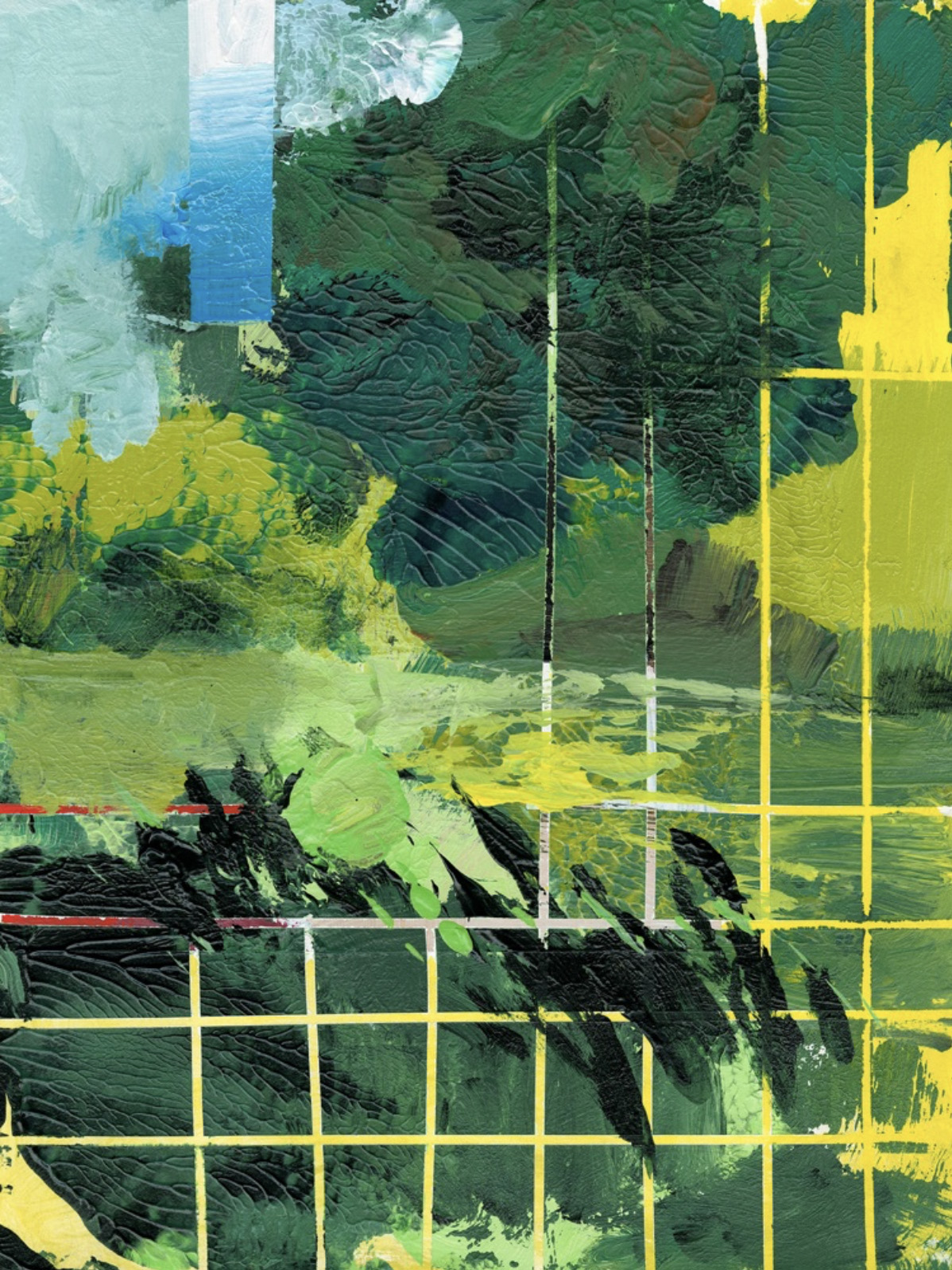 Dense green abstract composition with yellow grid overlay and painterly brushwork