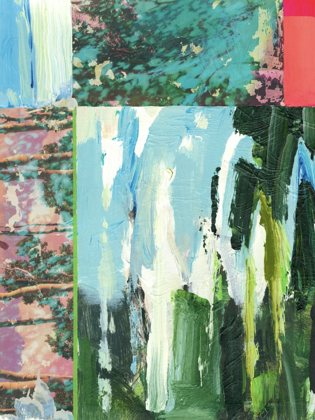 Mixed-media abstract with layered paint, collage textures, and vertical drips