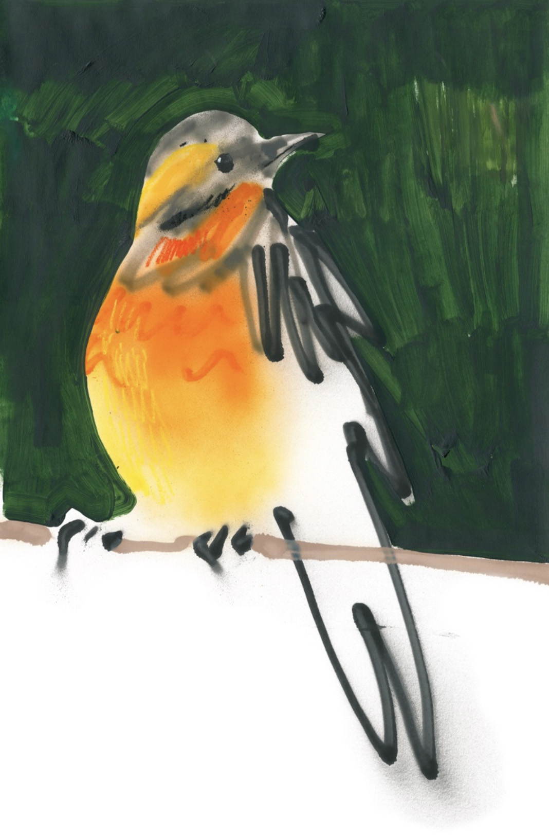Stylized painting of a small bird with yellow and orange chest on dark green background