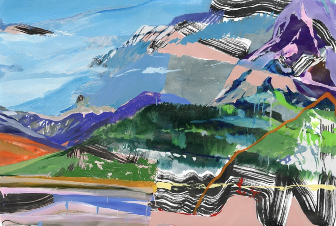 Abstract landscape with mountains and water in bold, layered colors