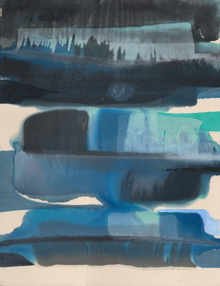 Abstract landscape in layered blue washes with soft edges and distant tree silhouettes