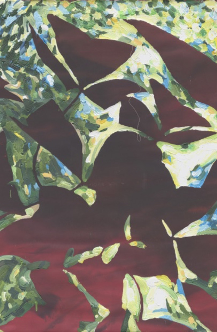 Green and white plant-like forms scattered across a deep reddish background