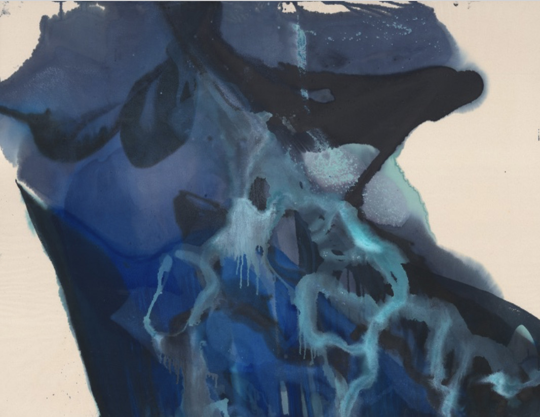 Fluid blue and black ink forms bleeding and pooling like melting ice or water