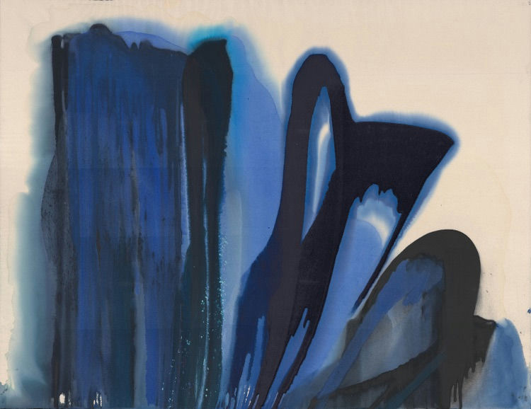 Vertical blue brushstrokes with dripping paint and soft glowing edges