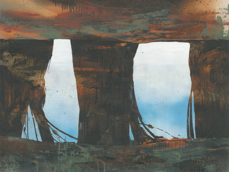 Earth-toned abstract scene with two light openings resembling windows or portals