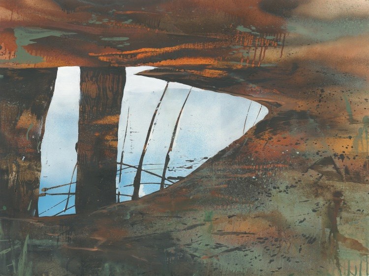 Rust and teal textured composition with geometric gaps suggesting architectural ruins