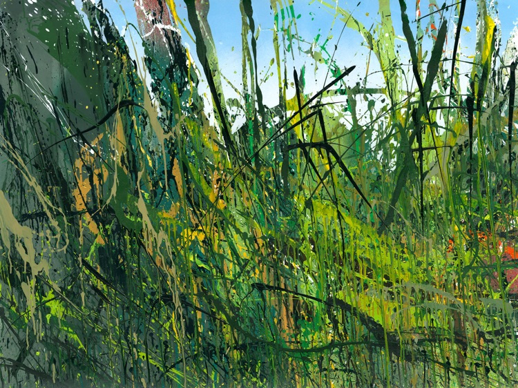Bright, dense green field of gestural lines and splatters evoking tall grasses