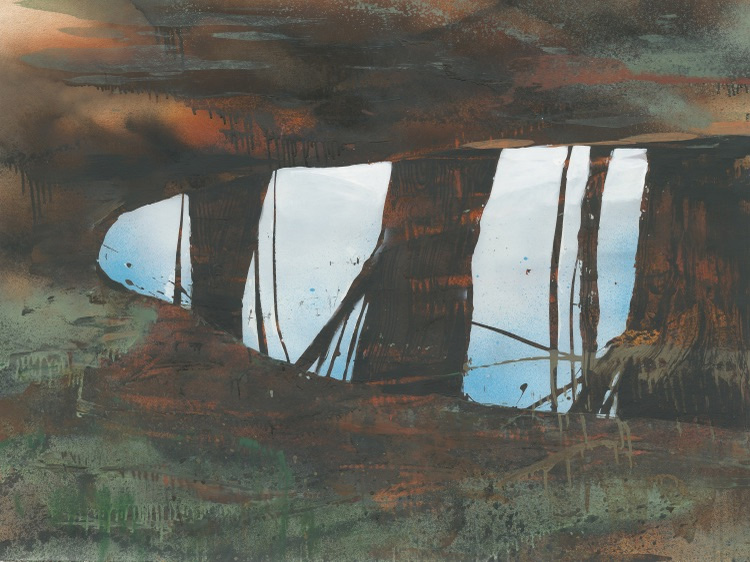 Dark earthy composition with irregular white shapes creating contrast and depth