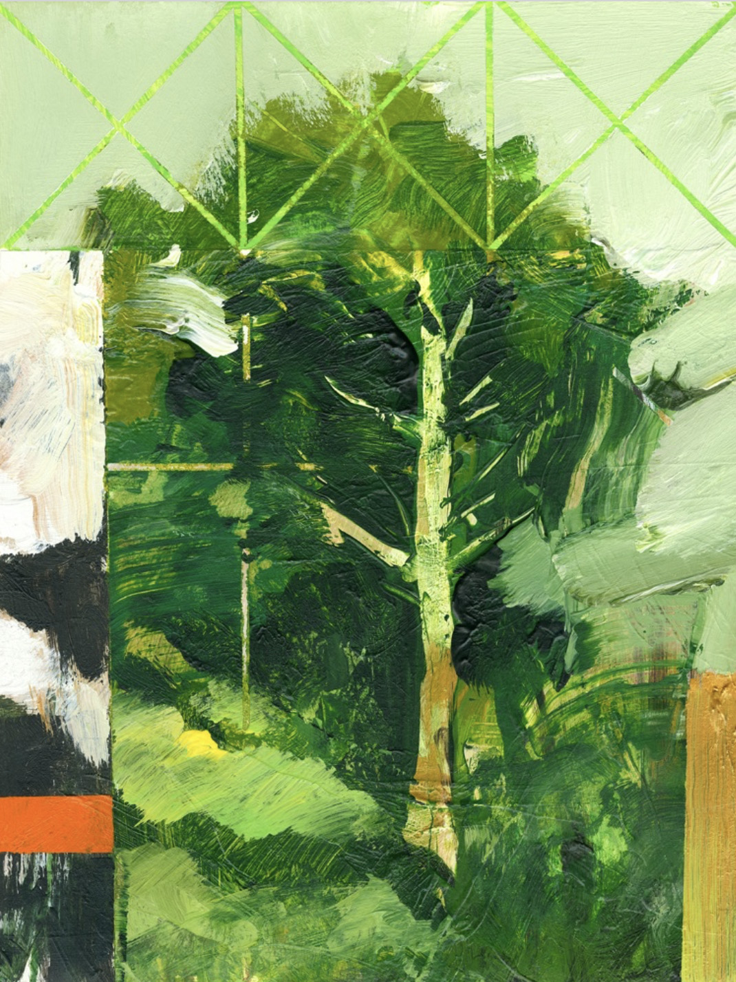 Abstract green composition with geometric lines suggesting trees or structure