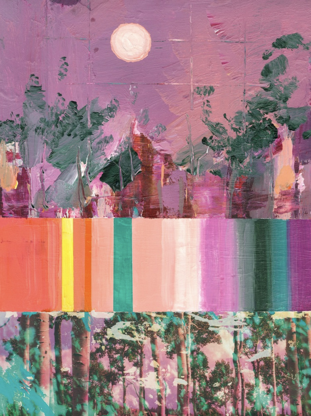 Colorful landscape abstraction with pink sky, trees, and horizontal bands of color